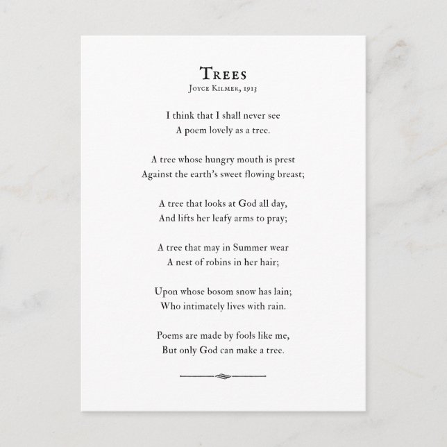 Trees Poem by Kilmer, inspirational poetry Postcard (Front)