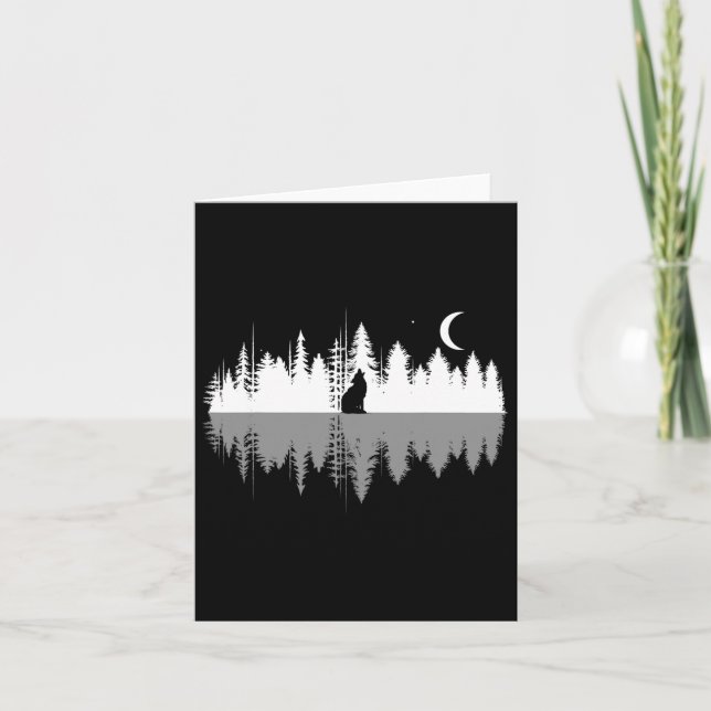Trees Reflection Wolf Howling At Full Moon Forest  Card (Front)