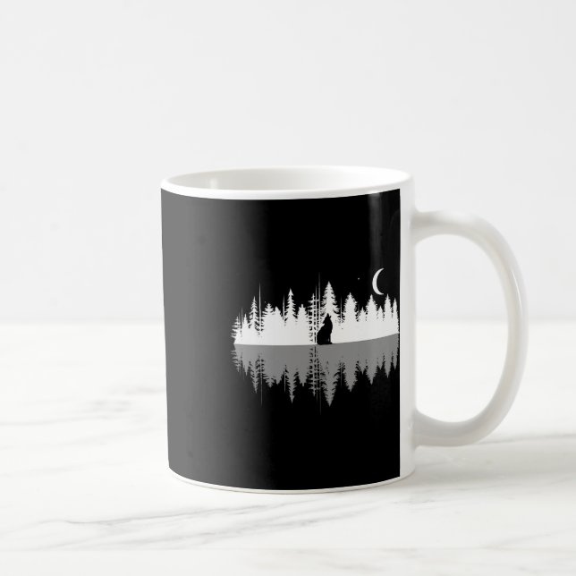 Trees Reflection Wolf Howling At Full Moon Forest  Coffee Mug (Right)