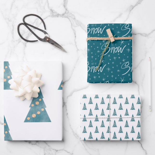 Trees & Snow Wrapping Paper Flat Sheet Set of 3 (Front)