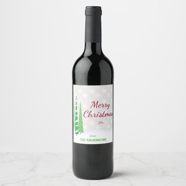 Trees & Snowflakes Merry Christmas Wine Label (Front)