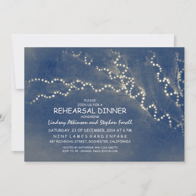 Trees & string of lights rustic rehearsal dinner invitation (Front)