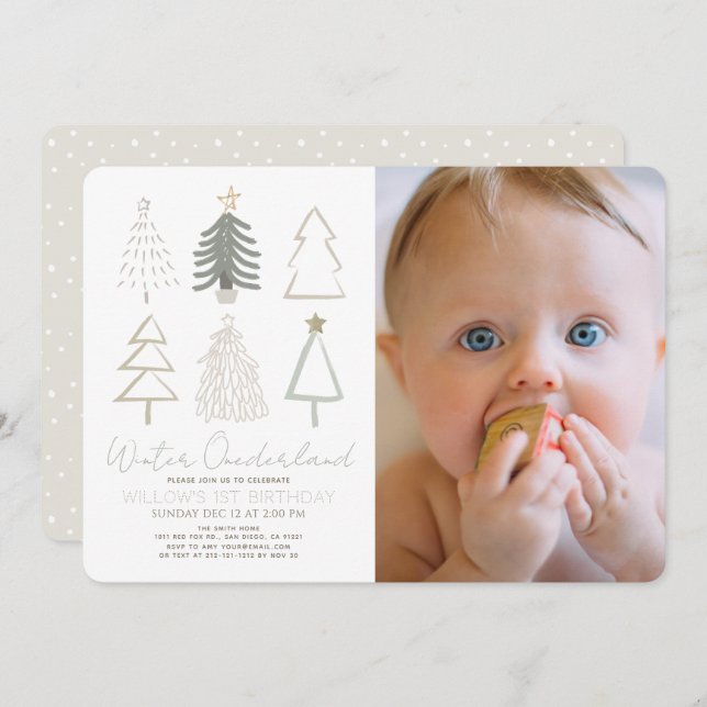 Trees Winter Onederland 1st Birthday Photo Invitat Invitation (Front/Back)