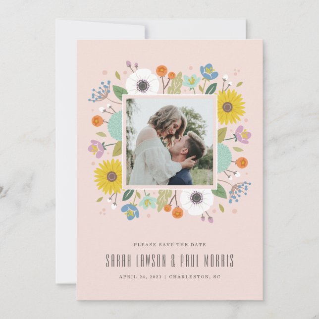 Trellis Flower Frame Save the Date - Pink (Front)