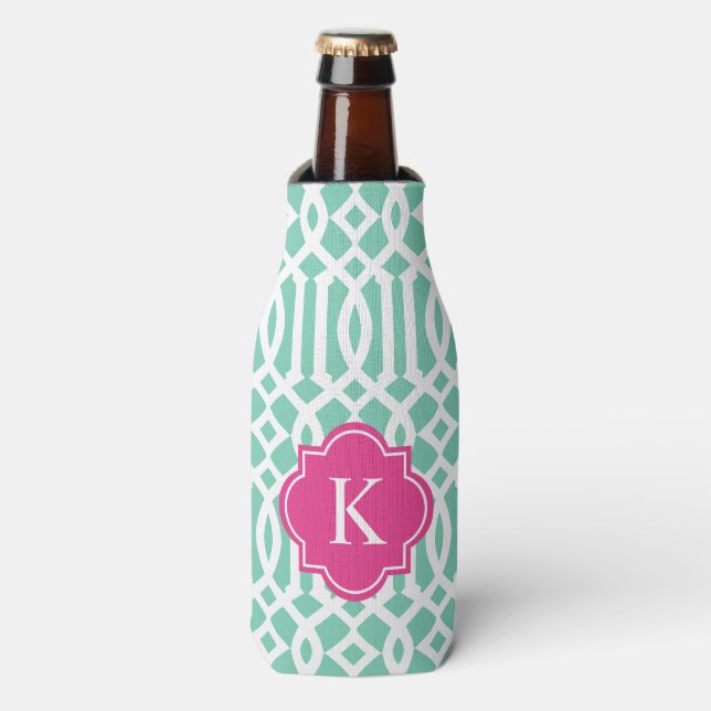 Trellis in Pink & Seafoam | Bottle Cooler (Bottle Front)
