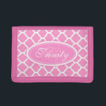 Trellis patterned pink add your name trifold wallet<br><div class="desc">Modern bright girls light pink hued and white Trellis patterned purse. Customise this purse or wallet with your name and your family initial. Currently reads Trinity C. Ideal personalised named gift for girls and women. Designed by Sarah Trett.</div>
