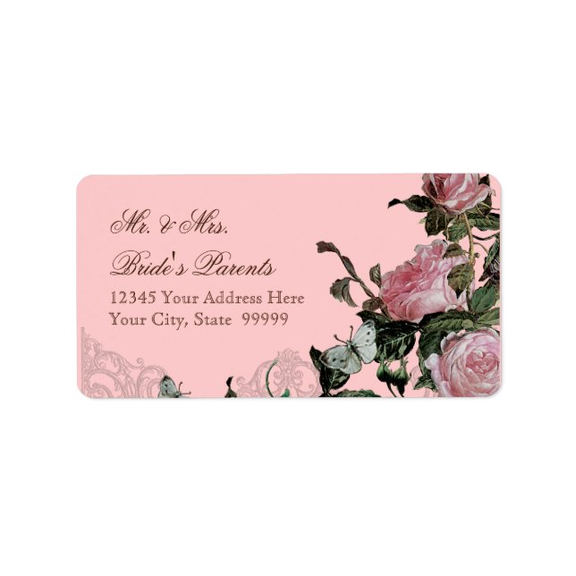 Trellis Rose Vintage Pink Roses Butterfly Swirls Label (Front)