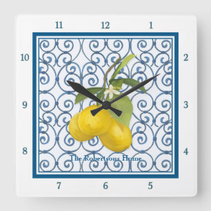 Trellis Scroll Lemon Branch Personalised Blue Square Wall Clock