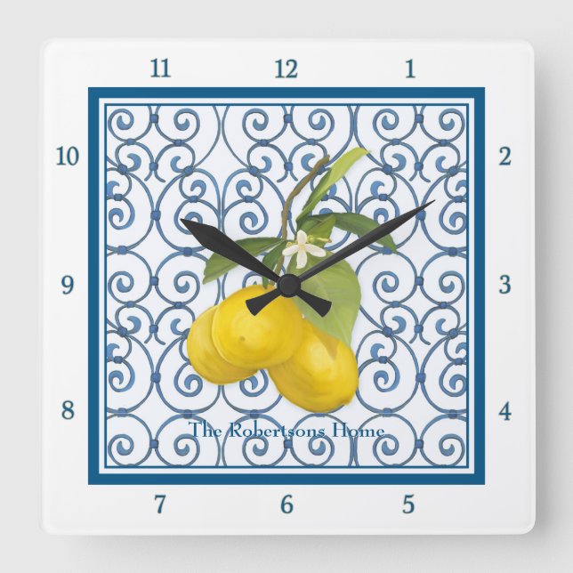 Trellis Scroll Lemon Branch Personalised Blue Square Wall Clock (Front)