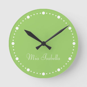Trend Colour Kiwi Green White Dots Name Round Cloc Clock