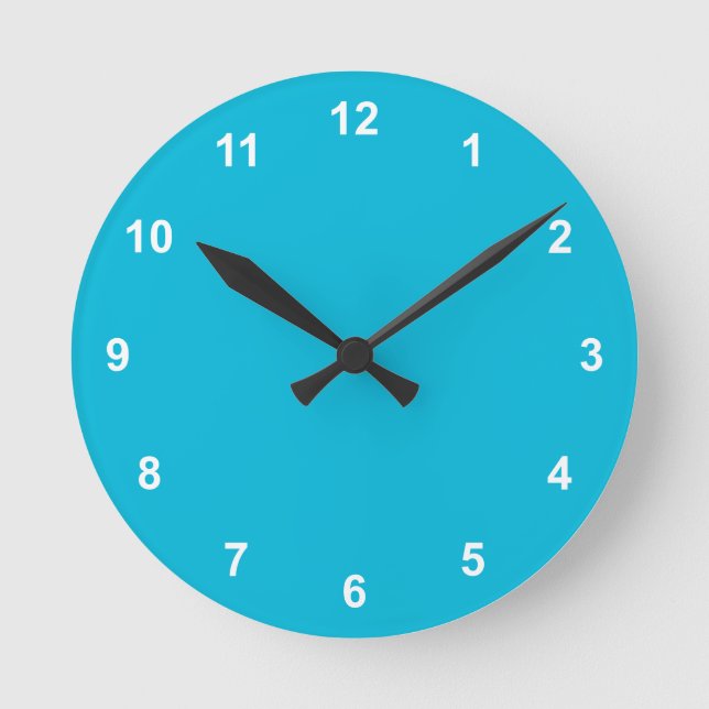 Trend Colour - Vivid Cyan Round Clock With Numbers (Front)