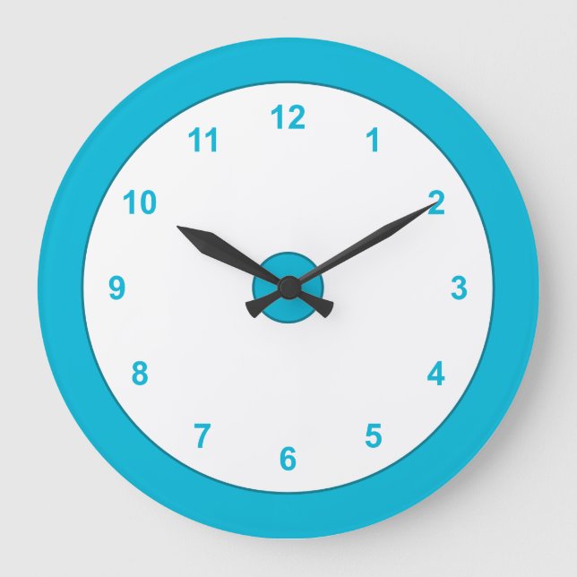 Trend Colour - Vivid Cyan Round Clock With Numbers (Front)