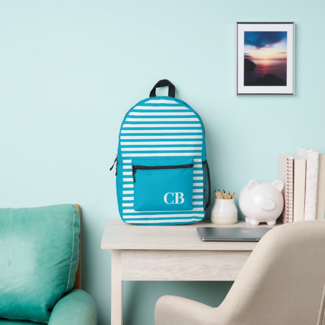 Trend Colour - Vivid Cyan Stripes Printed Backpack (Insitu)