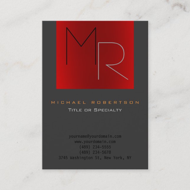 Trend Grey Red Unique Monogram Plain Business Card (Front)