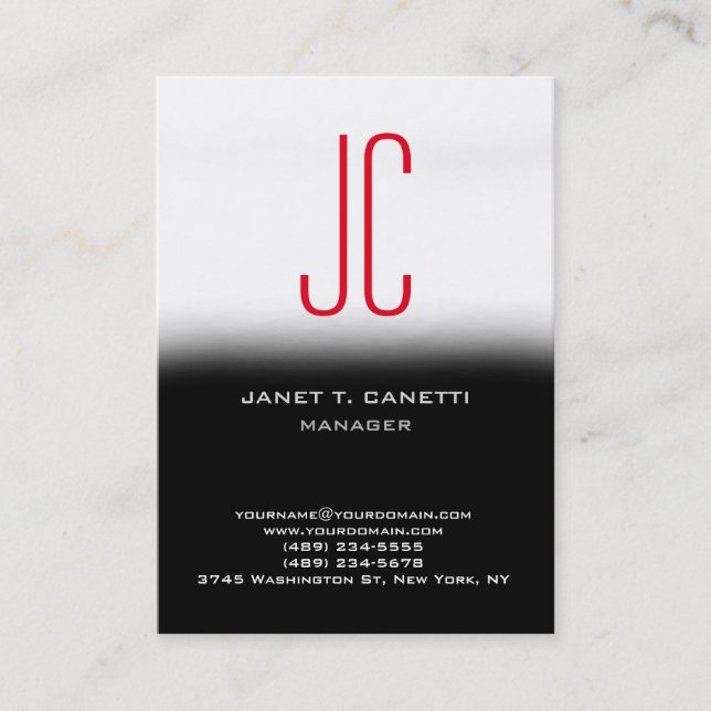Trend modern plain simple black white red monogram business card (Front)