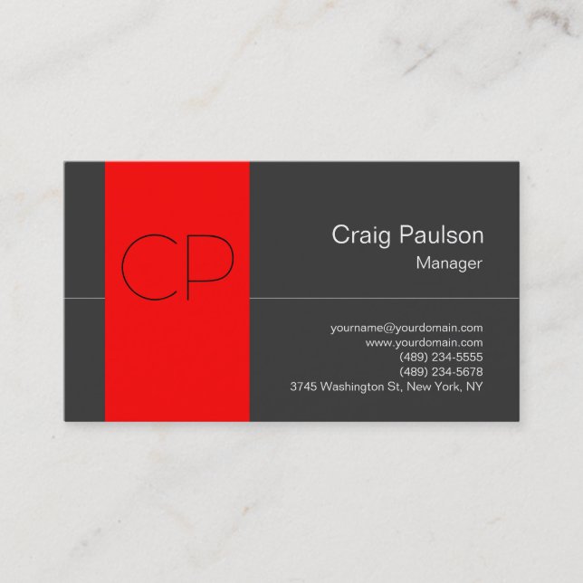 Trend Red Stripe Dark Grey Monogram Business Card (Front)