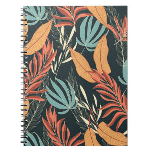 Trend seamless tropical pattern with bright yellow notebook