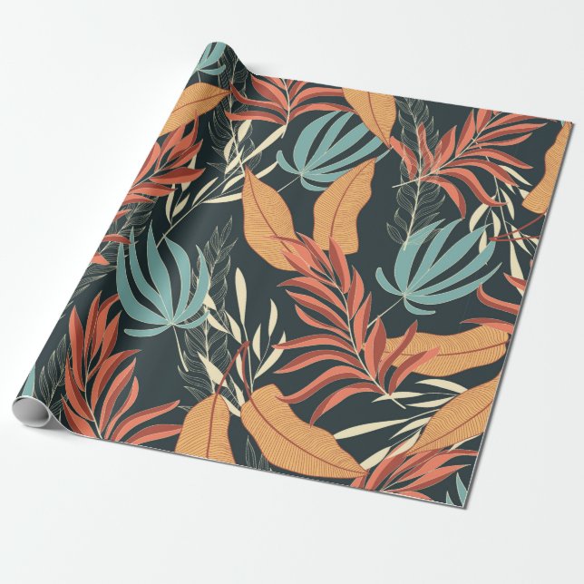 Trend seamless tropical pattern with bright yellow wrapping paper (Unrolled)