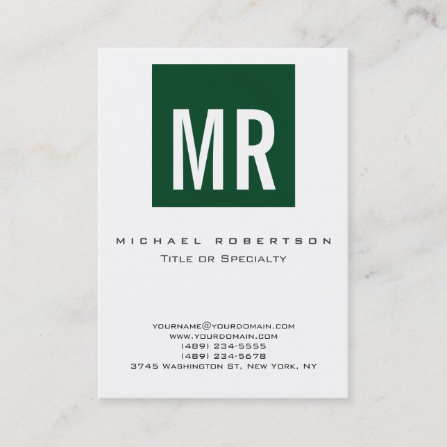 Trend Up Forest Green Monogram White Business Card (Front)