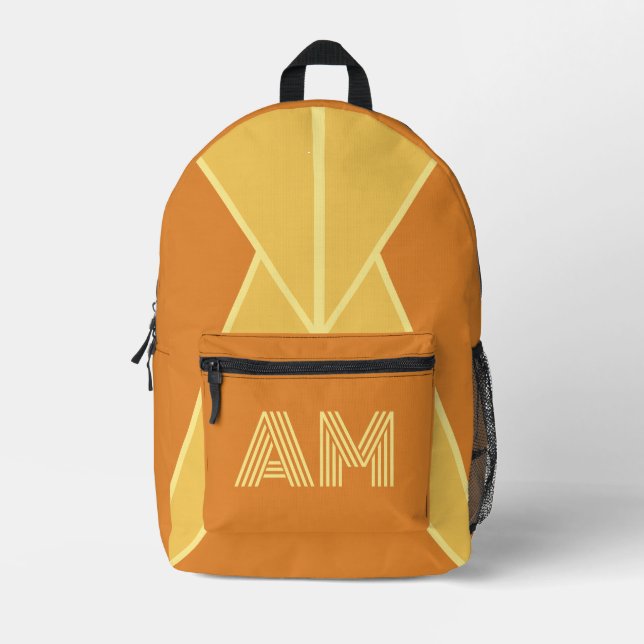 Trending Burnt Orange and Cream Geometric Monogram Printed Backpack (Front)