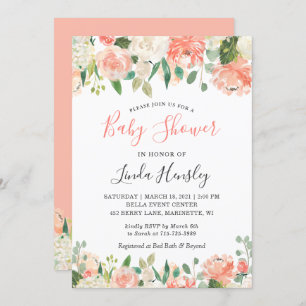 Trending Coral and Peach Floral Baby Shower Invitation