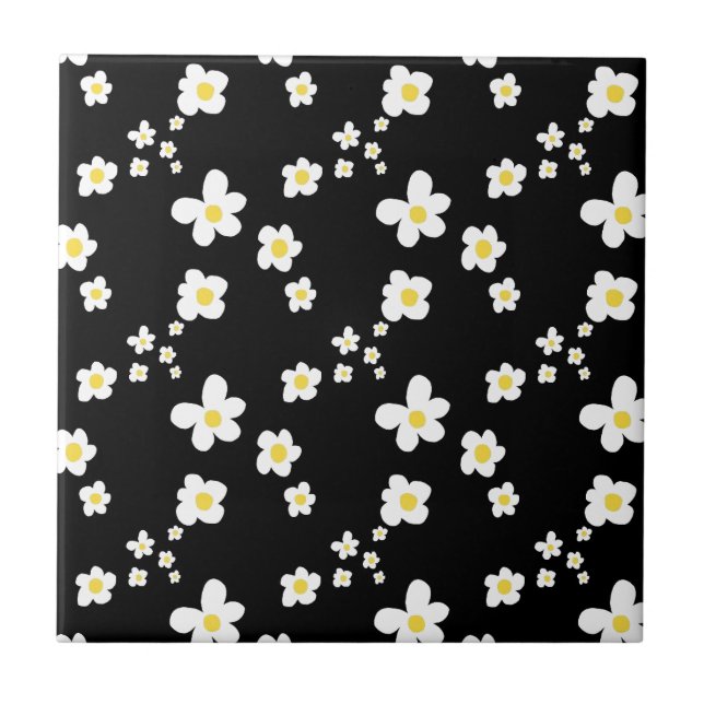 Trending daisy pattern black yellow white, modern tile (Front)