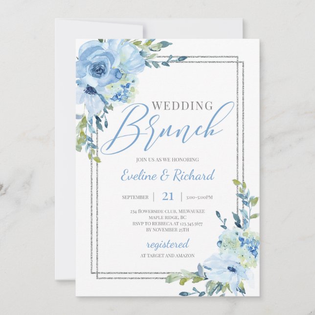 Trending dusty blue floral silver frame wedding invitation (Front)