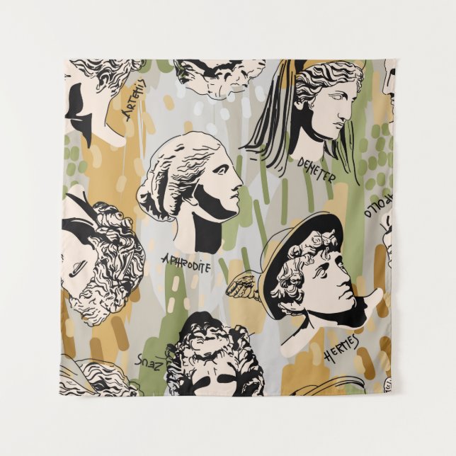 Trending Greek Gods Art Portrait Seamless Pattern. Tapestry (Front)