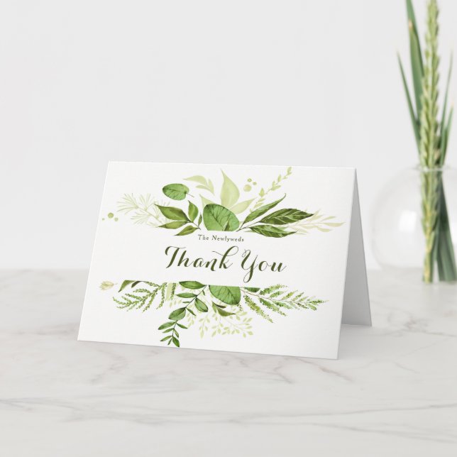 Trending Green Wreath & Laurels Wedding Thank You Card (Front)