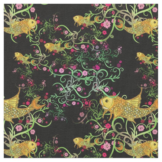 Trending Oriental style Koi and Flowers Pattern Fabric (Close Up)