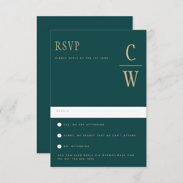 Trending Peacock TEAL Green Gold Wedding RSVP (Front/Back)