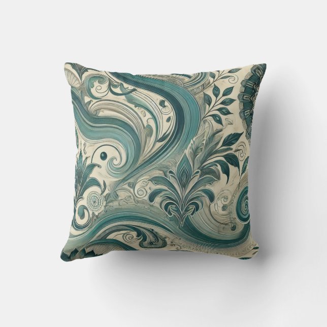 Trending Teal Intricate Floral & Swirling Pattern2 Cushion (Back)