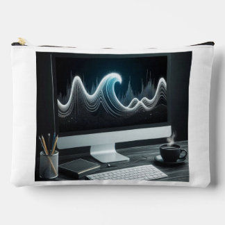 trending wave inside pc monitor with cup of tea accessory pouch
