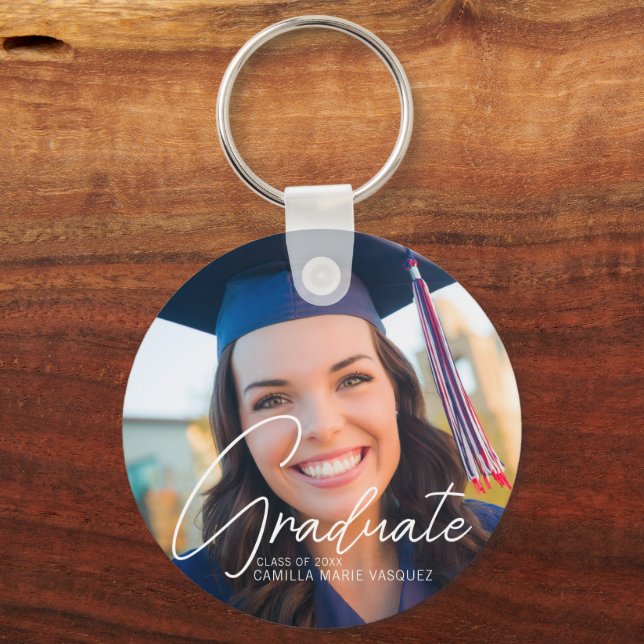 Trendy 2023 Graduation Photo White Script Custom Key Ring (Front)