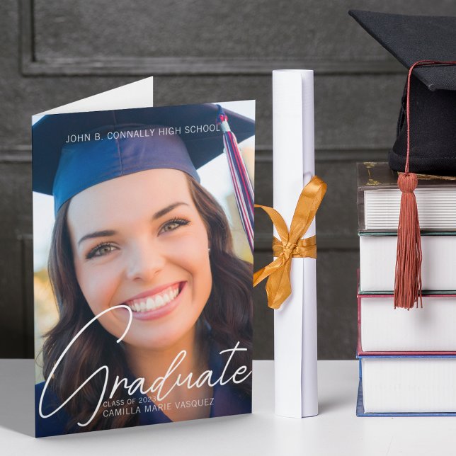 Trendy 2025 Graduation Photo White Script Folded Announcement (Creator Uploaded)