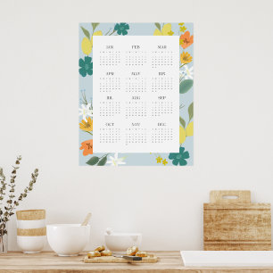 Trendy 2025 Pastel Blue Wildflower Full Calendar Poster