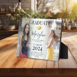Trendy 2 Photo Graduation, Name & Quote Keepsake Plaque<br><div class="desc">Create a trendy 2 photo collage of your favourite pictures of the graduate to commemorate their achievement on this photo display plaque. Featuring a faux gold mortarboard (graduation cap), name, class year, place of study and inspirational quote. All text can easily be customised using the template provided. This is a...</div>
