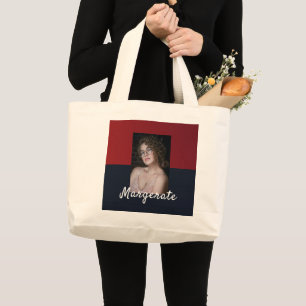Trendy 2 Photos blue & Red modern script name  Large Tote Bag