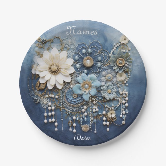 Trendy 3-D Blue Denim Print with Costume Jewellery Paper Plate (Front)