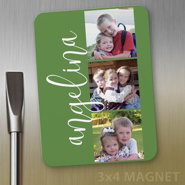 Trendy 3 Photo Collage Custom Monogram Magnet (Personalized fridge magnet - add photos and custom text)