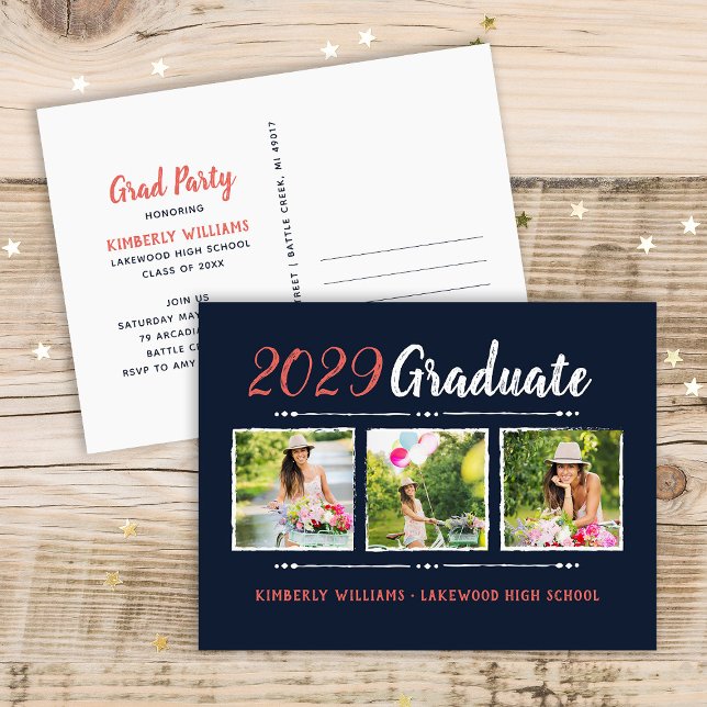 Trendy 3 Photo Collage Graduation Party Invitation (Creator Uploaded)