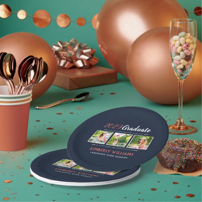 Trendy 3 Photo Collage Graduation Party Paper Plate (Multi)