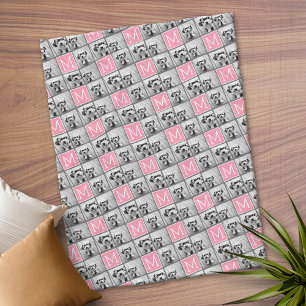 Trendy 3 Photo Collage Grey Pink Monogram Fleece Blanket