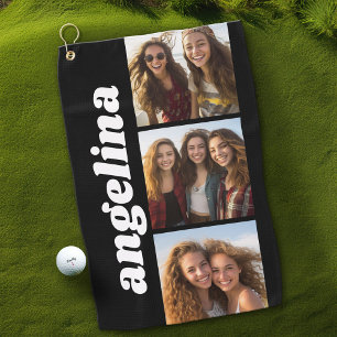 Trendy 3 Photos and Chunky Name - Black Golf Towel
