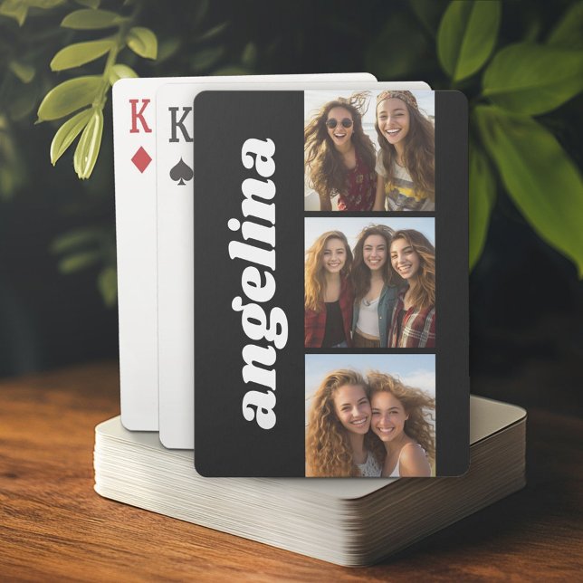 Trendy 3 Photos and Chunky Name - Black Playing Cards (Personalized playing cards)