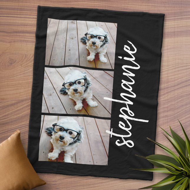 Trendy 3 Photos black & white modern script name Fleece Blanket (Personalized Fleece Blanket - Add Photos and Text or Customize completely in advanced design area)