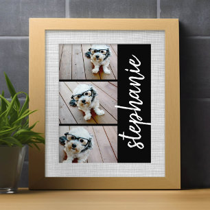 Trendy 3 Photos black white modern script name Photo Print