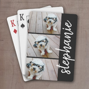 Trendy 3 Photos black & white modern script name Playing Cards