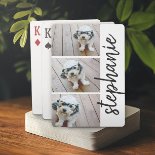 Trendy 3 Photos black & white modern script name Playing Cards
