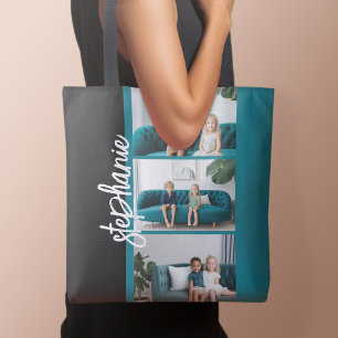 Trendy 3 Photos black & white modern script name Tote Bag
